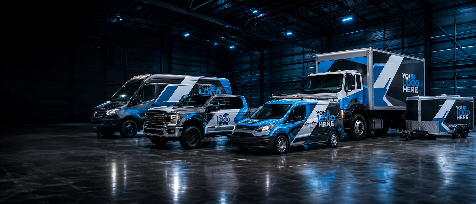 Coordinated commercial fleet with Your Logo Here branding