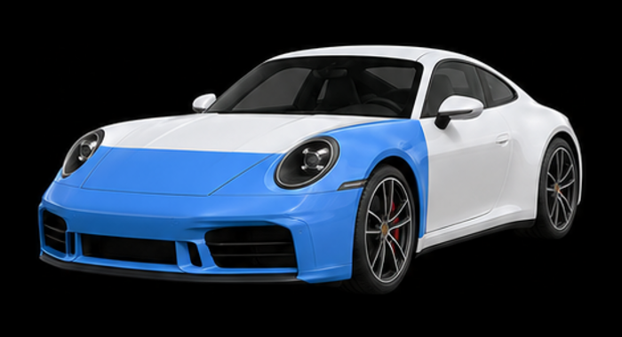 Partial Front PPF coverage highlighted in blue on a Porsche 911