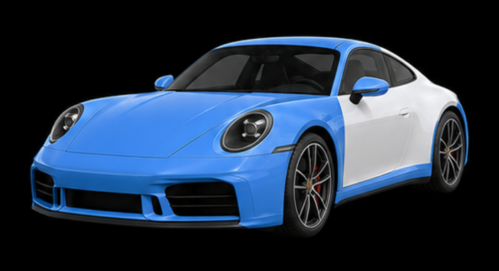 Track Pack PPF coverage highlighted in blue on a Porsche 911