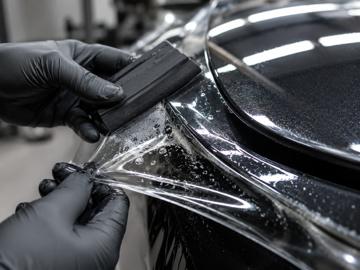 Close-up of clear protection film being installed over a hood edge