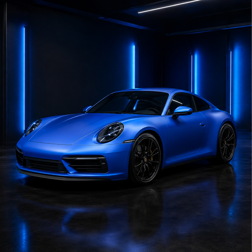 Satin blue full color-change vinyl wrap on a Porsche 911